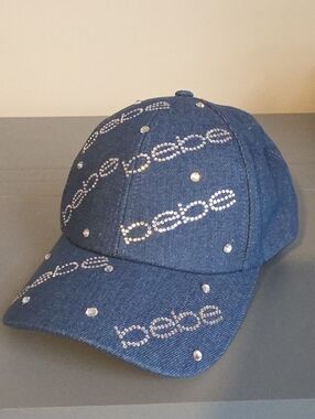 BEBE NWT Dark Blue Denim Rhinestone Logo Cap